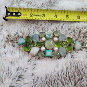 AMETHYST AQUAMARINE PERIDOT PEARL DRUZY QUARTZ CHANNEL SET SILVER BRACELET
